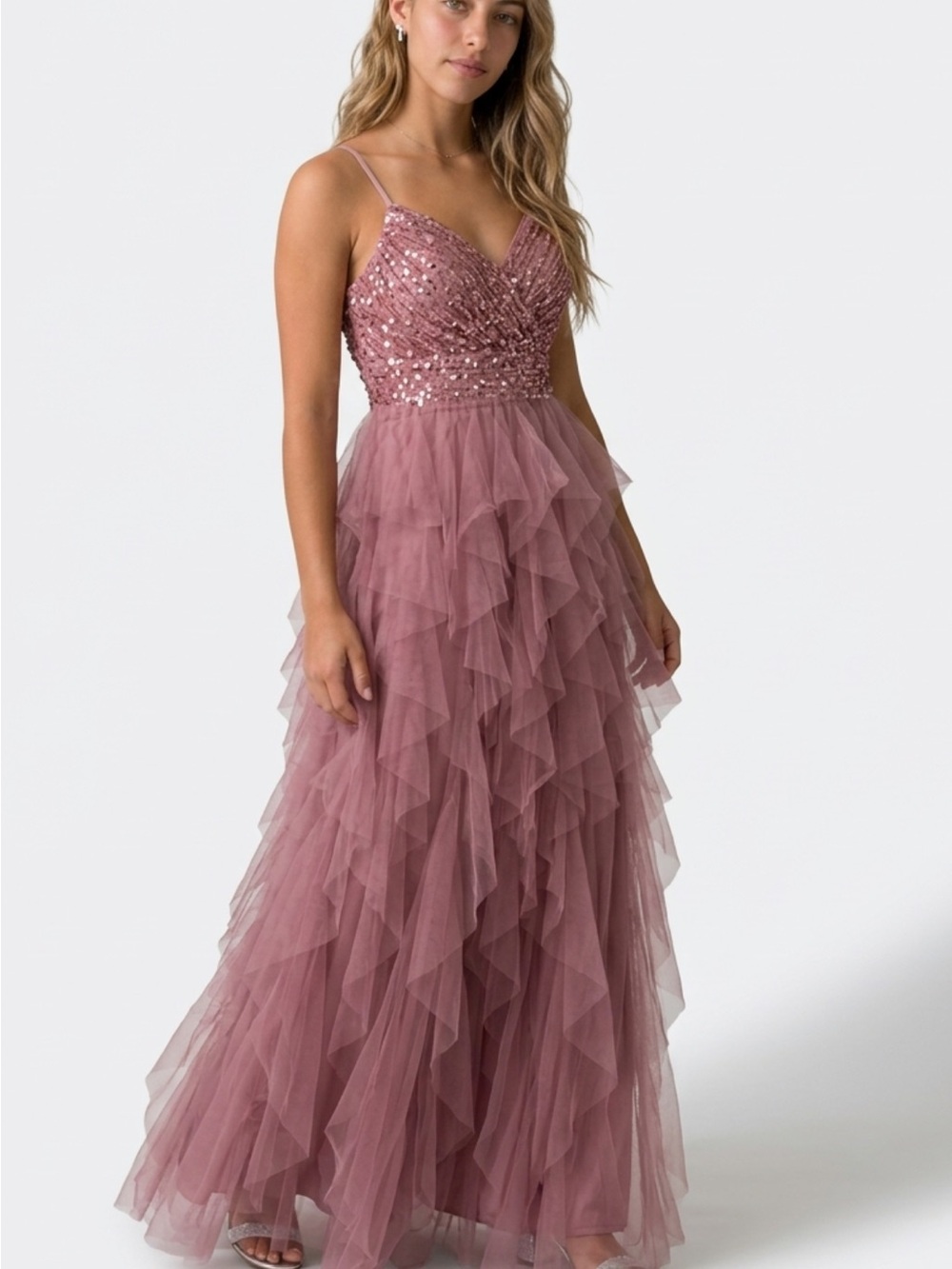Dusty Mauve Sequin Bodice Ruffle Tulle Maxi Dress